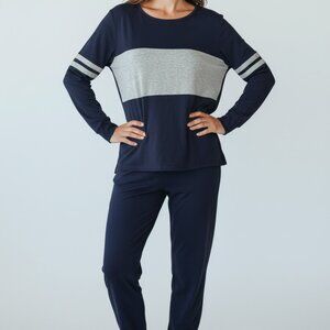 Pretty Garden Navy Blue/Gray Long Sleeve Leisure 2-piece Suit- L-Side Pockets